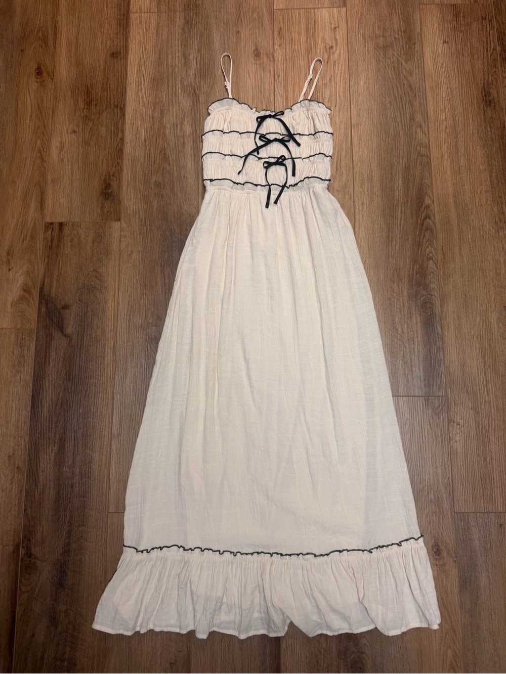 Coquette Milkmaid Maxi Dress S Cream Black Bow Smocked Balletcore Cottagecore
